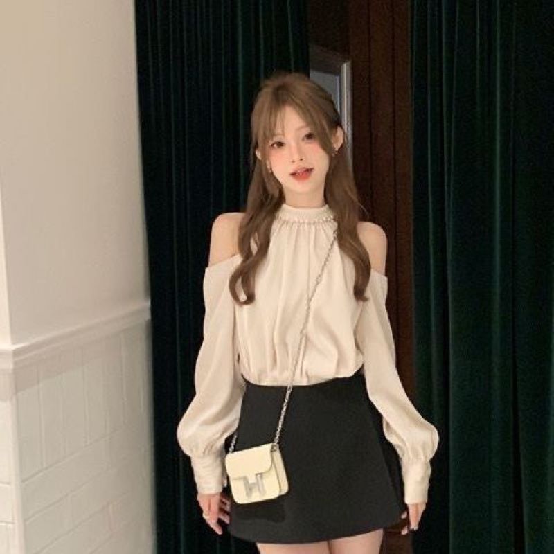 春甘いブラウス女性のための O ネック長袖オフショルダートッ - Street Fashion In Korea のレビューと価格