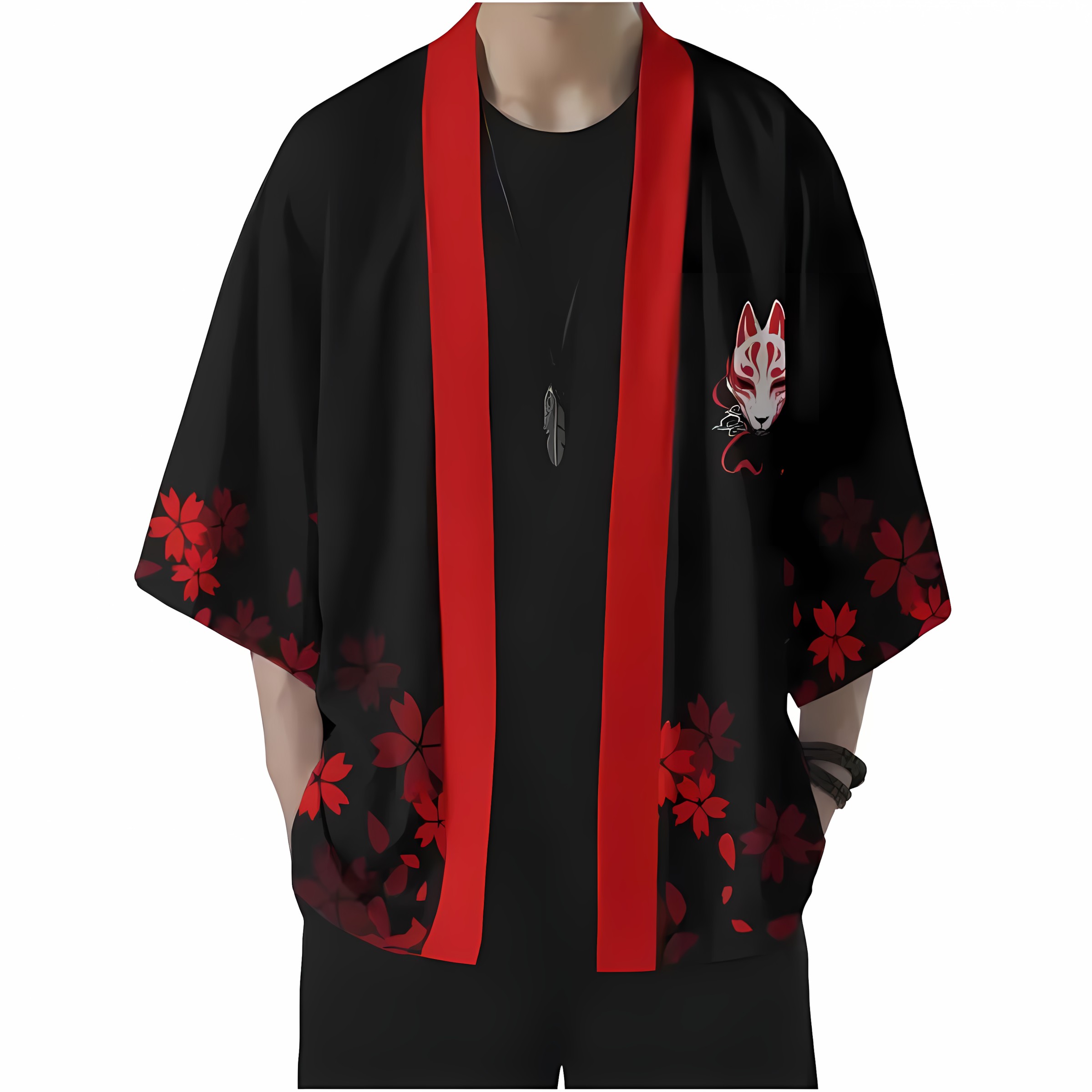 2026 夏の新スタイルメンズ着物 3D キツネマスクパター - Street Fashion Kimono のレビューと価格