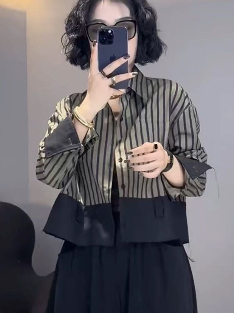 レトロなデザインのショートジャケットシャツ黒ストライプポロ襟 - Street Fashion In Korea のレビューと価格