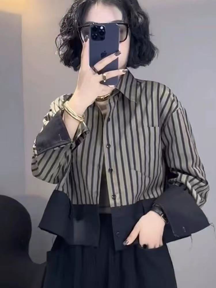 レトロなデザインのショートジャケットシャツ黒ストライプポロ襟 - Street Fashion In Korea のレビューと価格