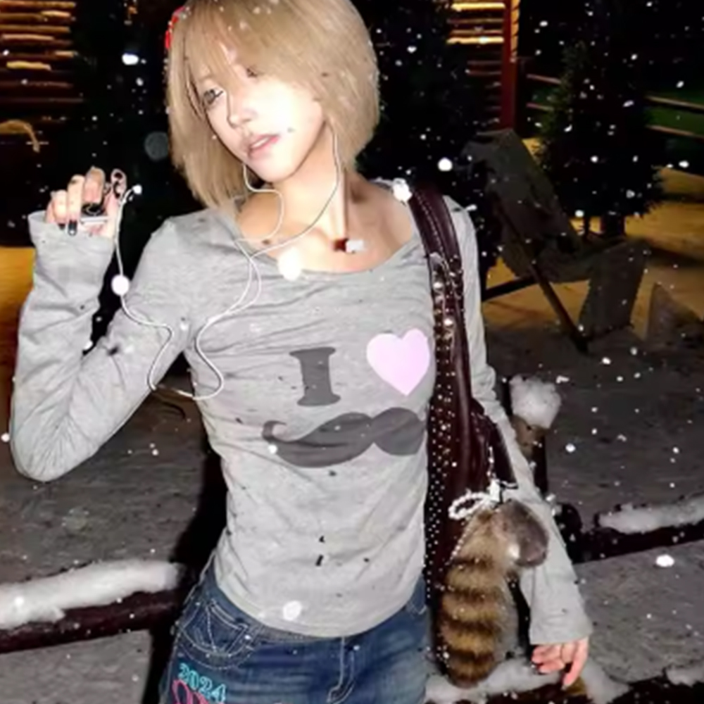 日本 Y2K ビアードプリント Tシャツ ヴィンテージ原宿長 - Street Fashion In Korea のレビューと価格