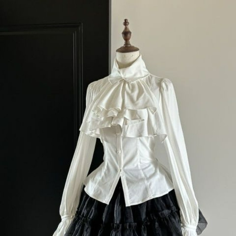 和風長袖フリルシャツ女性韓国ファッションスピンレトロデザイン - Japanese Street Fashion Female のレビューと価格