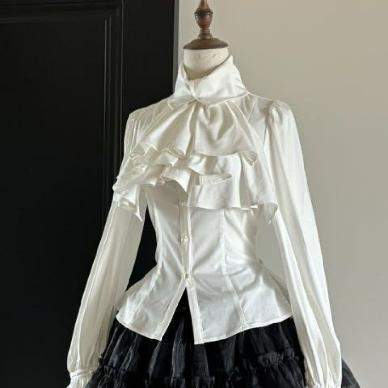 和風長袖フリルシャツ女性韓国ファッションスピンレトロデザイン - Japanese Street Fashion Female のレビューと価格