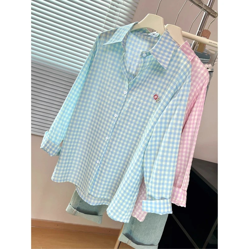 刺繍フラワーチェック柄デザインシャツ&ブラウスY2Kストリー - Street Fashion In Korea のレビューと価格