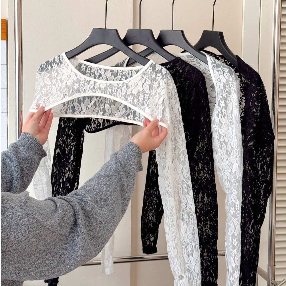 スタイリッシュなソリッドカラーのレース長袖トップス、通気性の - Mesh Top Layering のレビューと価格