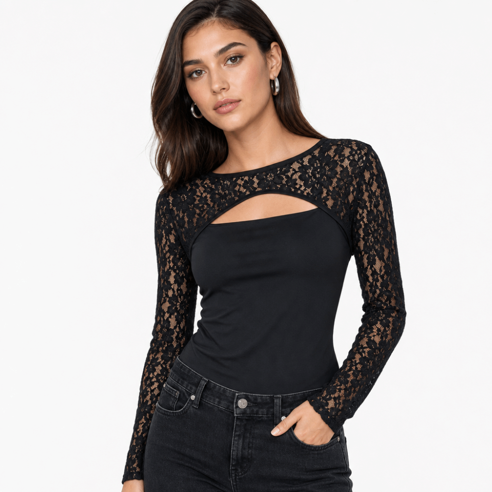 スタイリッシュなソリッドカラーのレース長袖トップス、通気性の - Mesh Top Layering のレビューと価格