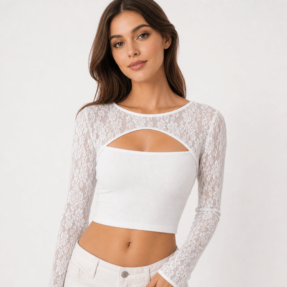 スタイリッシュなソリッドカラーのレース長袖トップス、通気性の - Mesh Top Layering のレビューと価格