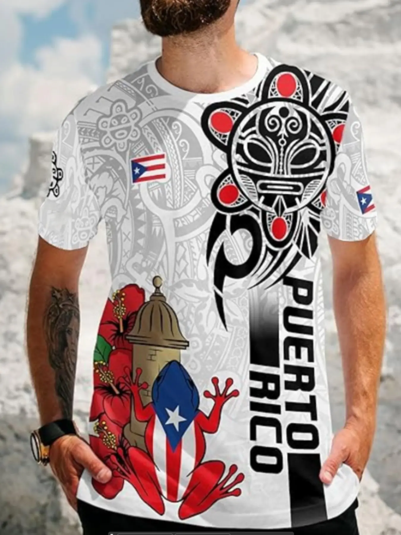 メンズプエルトリコ柄Tシャツ、トライバルプリントシャツ、カジ - Street Fashion Culture のレビューと価格
