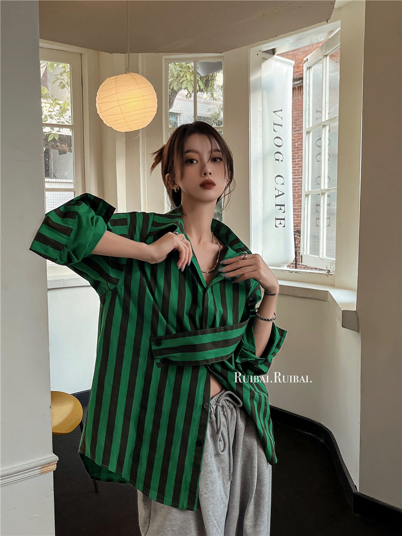 韓国のストライプシャツ,個性,カジュアルな襟,ゆったりとした - Street Fashion In Korea のレビューと価格