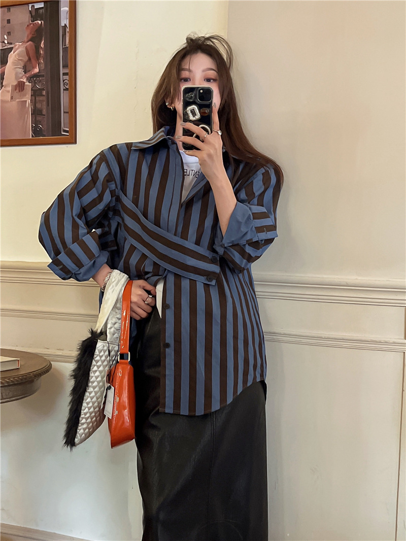 韓国のストライプシャツ,個性,カジュアルな襟,ゆったりとした - Street Fashion In Korea のレビューと価格
