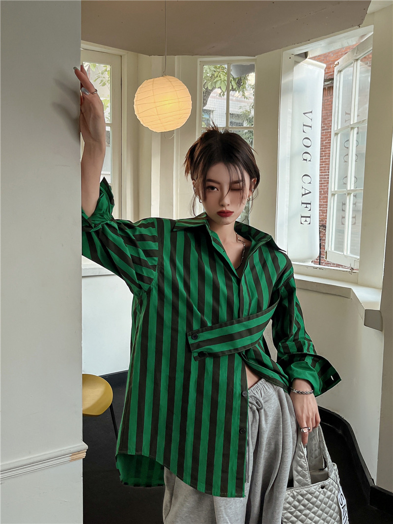 韓国のストライプシャツ,個性,カジュアルな襟,ゆったりとした - Street Fashion In Korea のレビューと価格