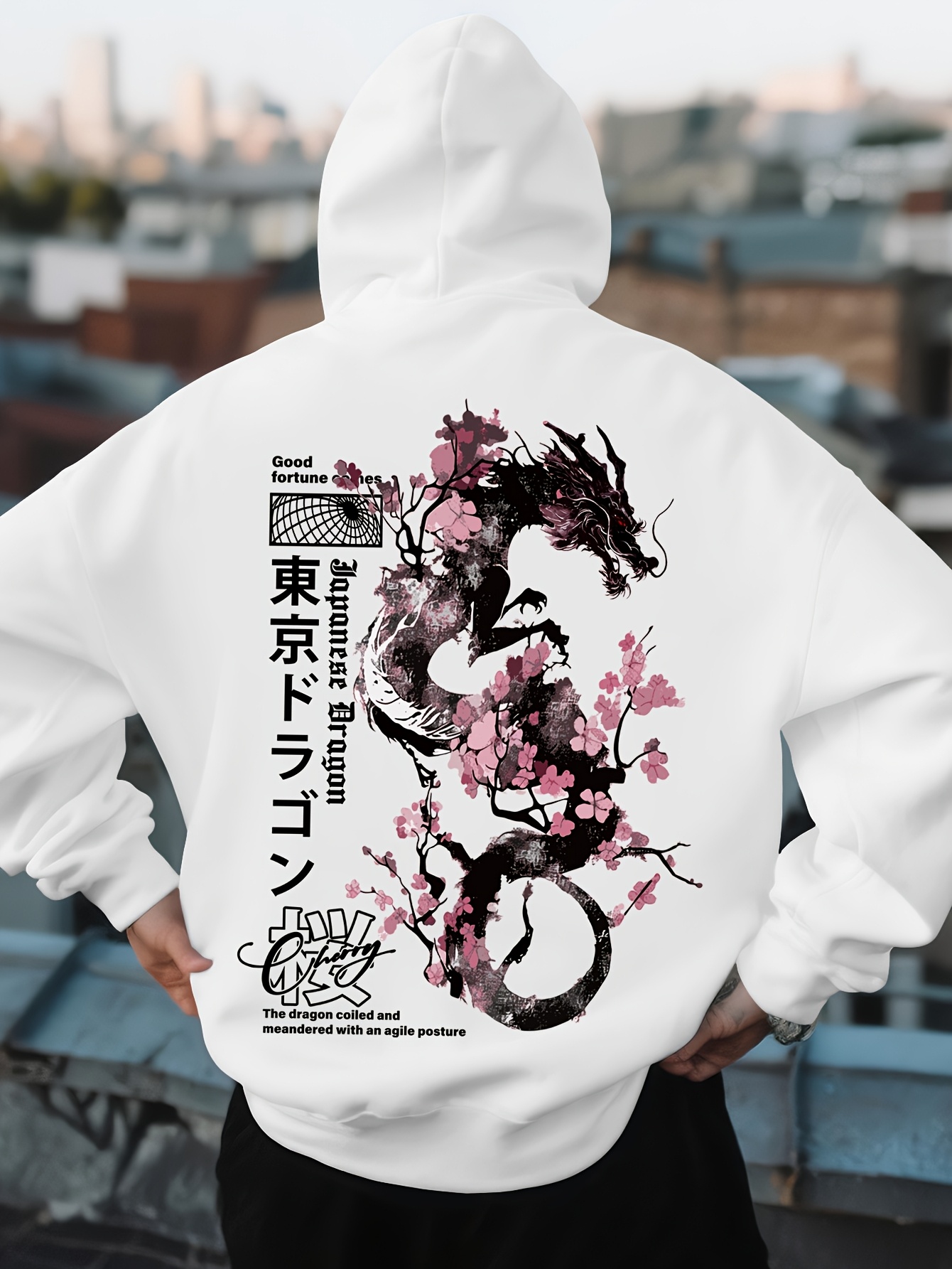 メンズヒップホップスポーツパーカー美的日本龍桜柄プリントレト - Street Fashion Asian Men のレビューと価格