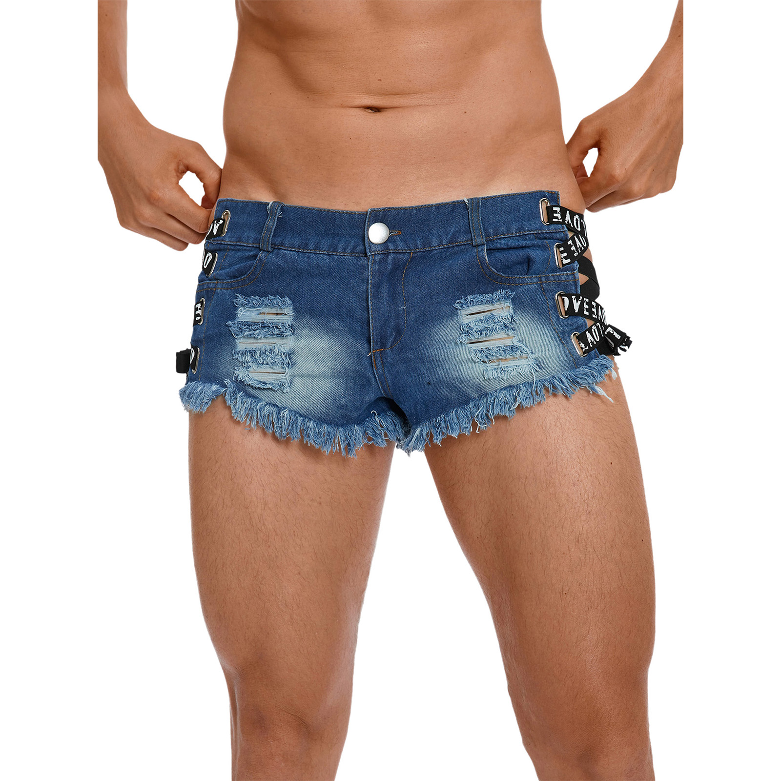 メンズダメージ加工ミニデニムショーツ、サイドレタリング、リボ - Distressed Jean Rip のレビューと価格