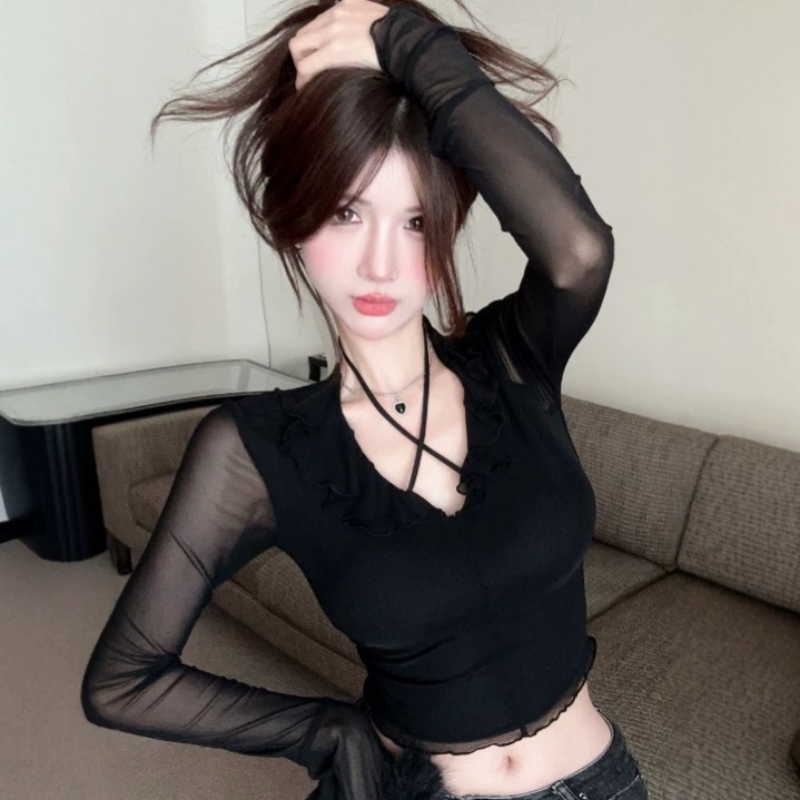 2026秋冬ピュアデザイアホットガールVネックトップス女性用 - Mesh Top Layering のレビューと価格
