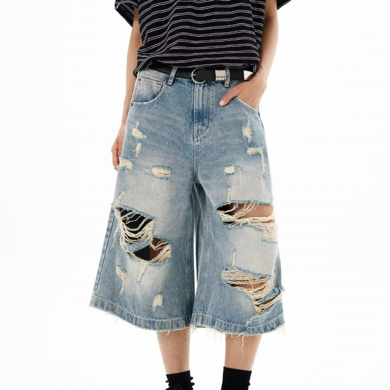 新しいメンズヴィンテージリップドバギーショートジーンズ、レデ - Distressed Jean Rip のレビューと価格