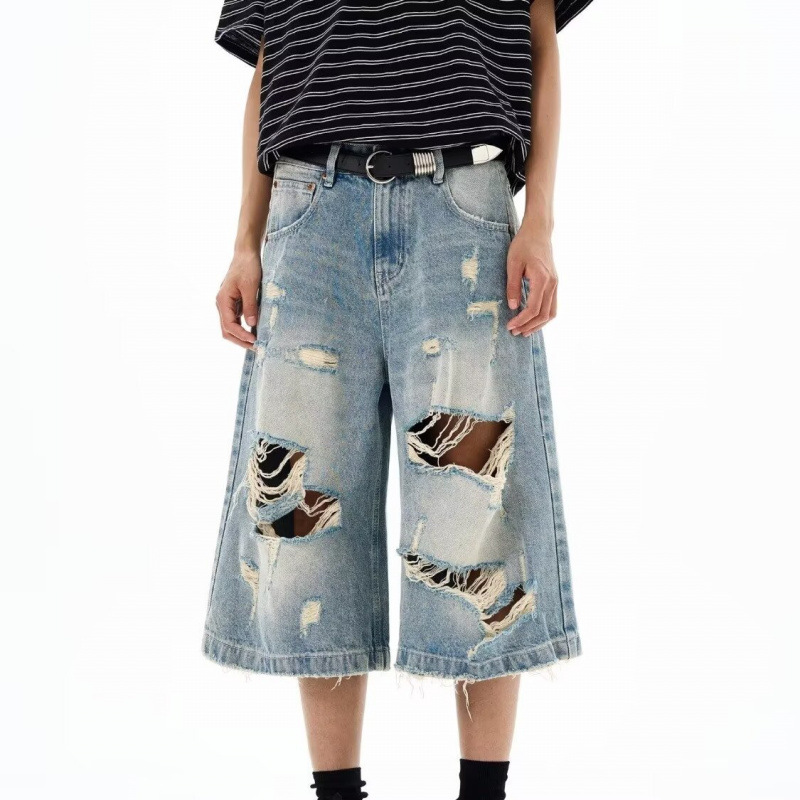 新しいメンズヴィンテージリップドバギーショートジーンズ、レデ - Distressed Jean Rip のレビューと価格