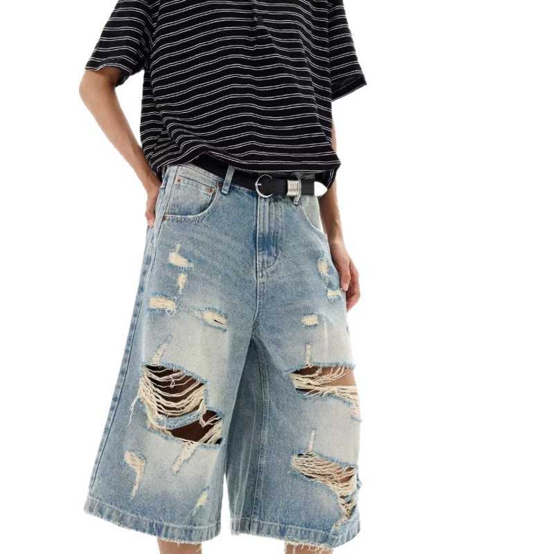 新しいメンズヴィンテージリップドバギーショートジーンズ、レデ - Distressed Jean Rip のレビューと価格