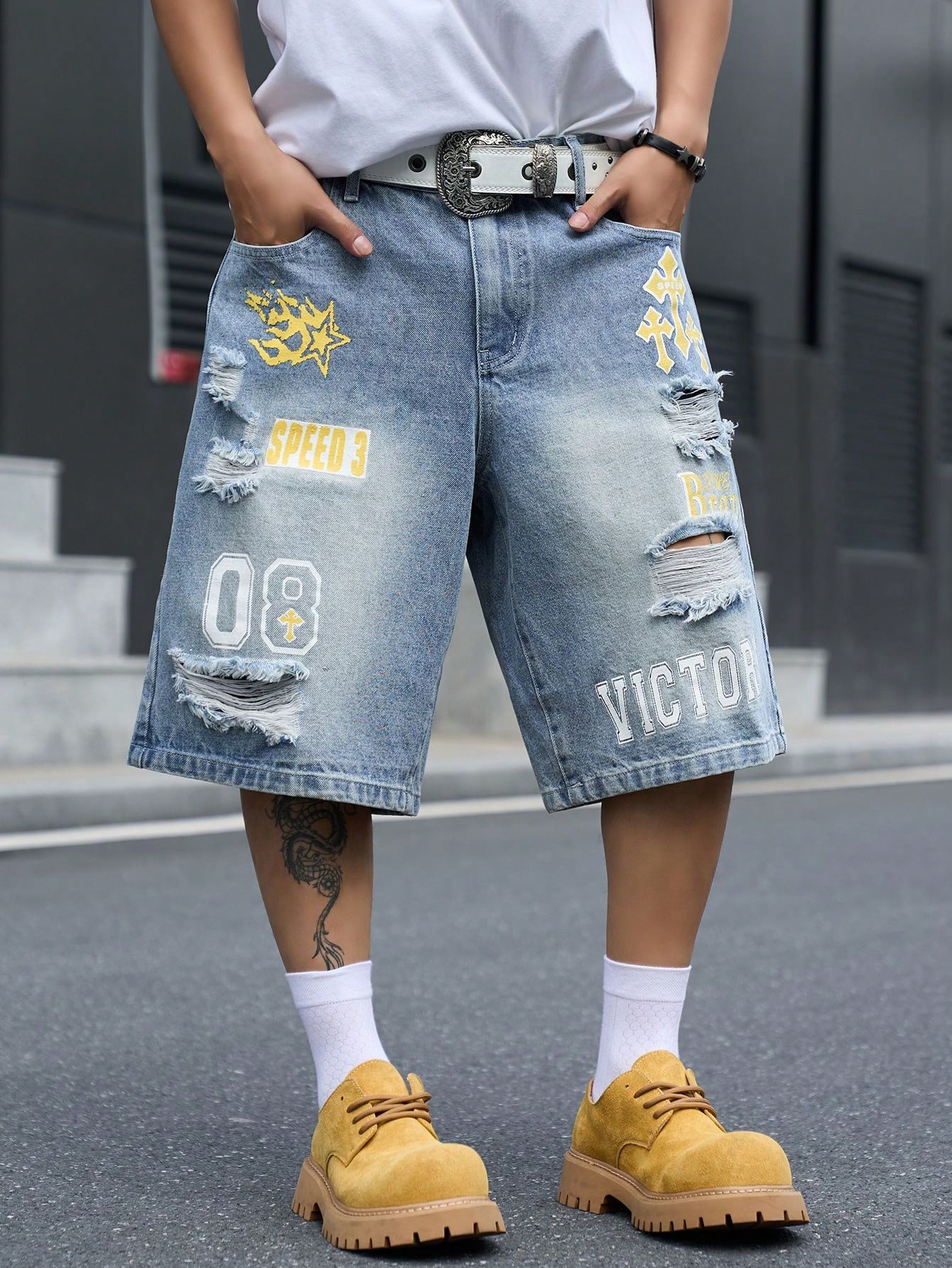 メンズ ルーズフィット デニム バミューダ ショーツ、ヴィン - Distressed Jean Rip のレビューと価格